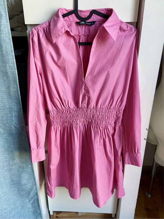 Sukienka S Zara koszulowa mini rozkloszowana różowa