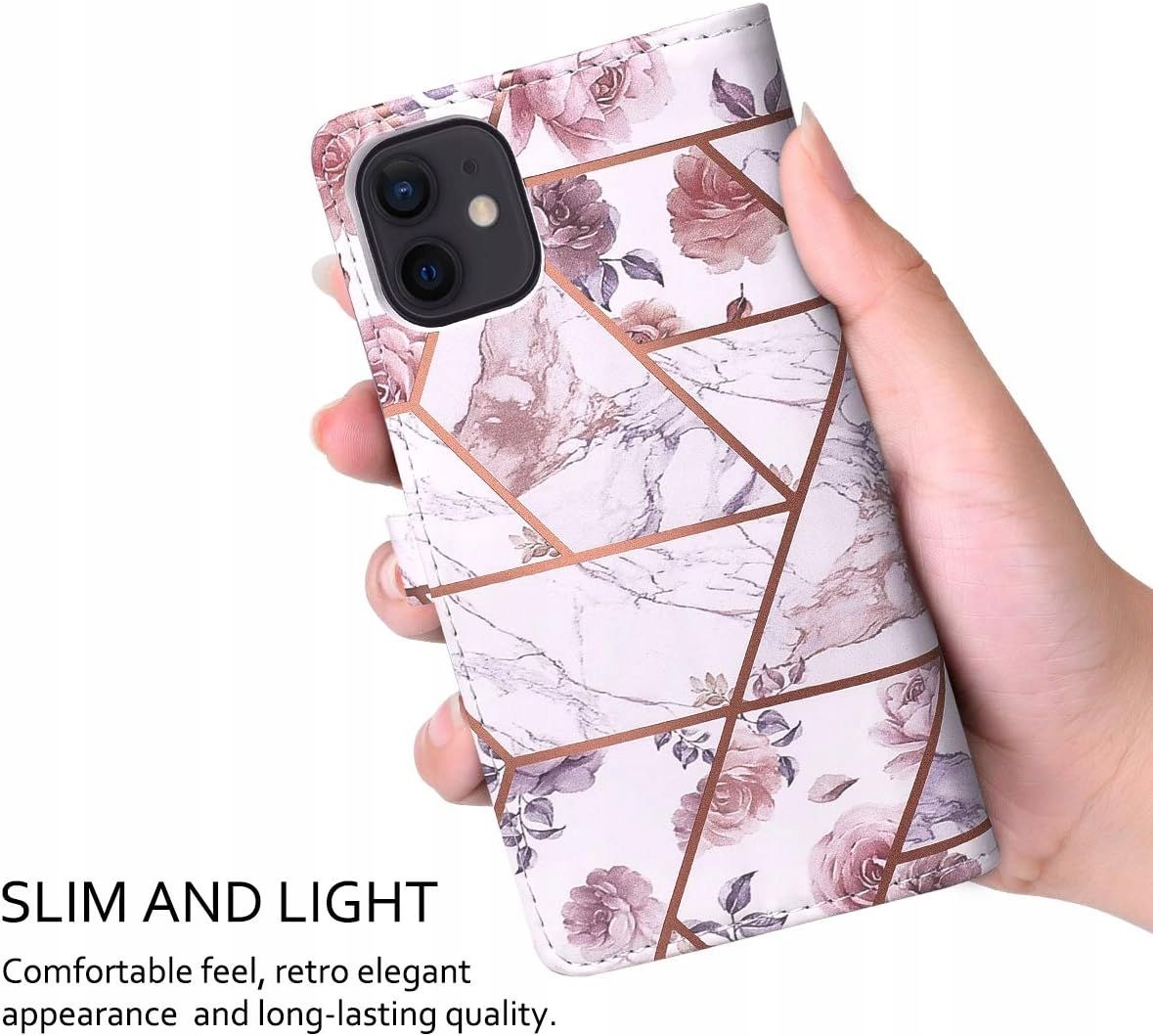 Dracool Etui Portfelowe do iPhone 12 mini Złoto-Różowy Marmur na Karty