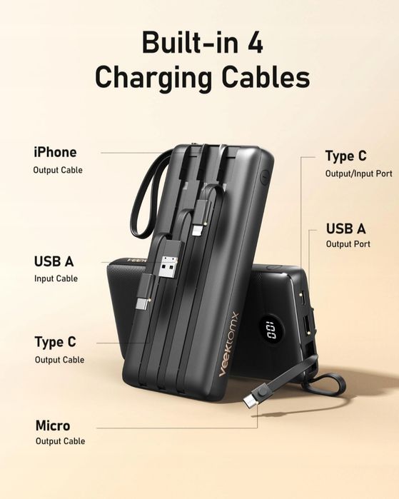 Power Bank z wbudowanymi kablami 20000mAh Powerbank USB C 2.4