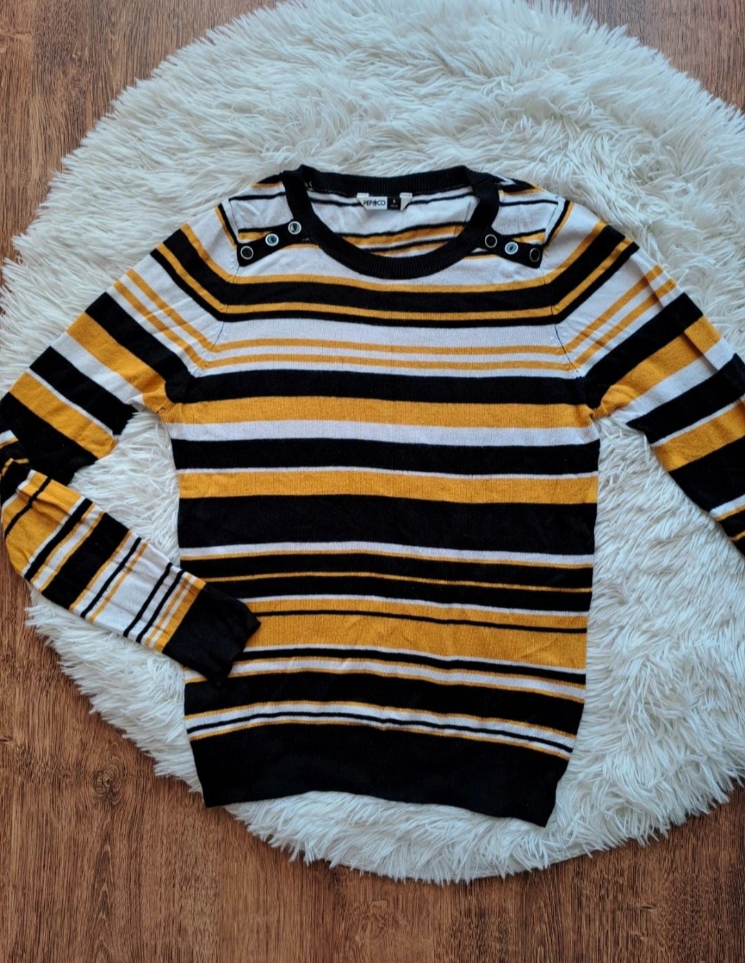 Sweter | Wiskoza | W Poziome Paski | Czarny Żółty Biały