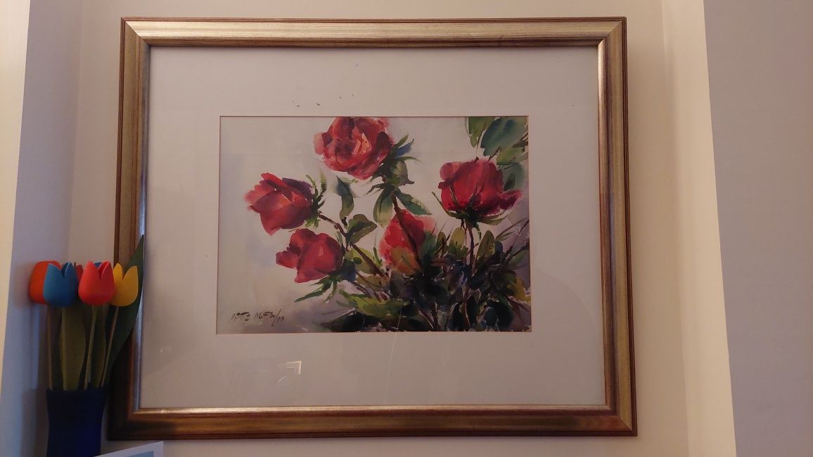 Quadro original em aguarela de Rafael Ortiz Alfau "As Rosas"