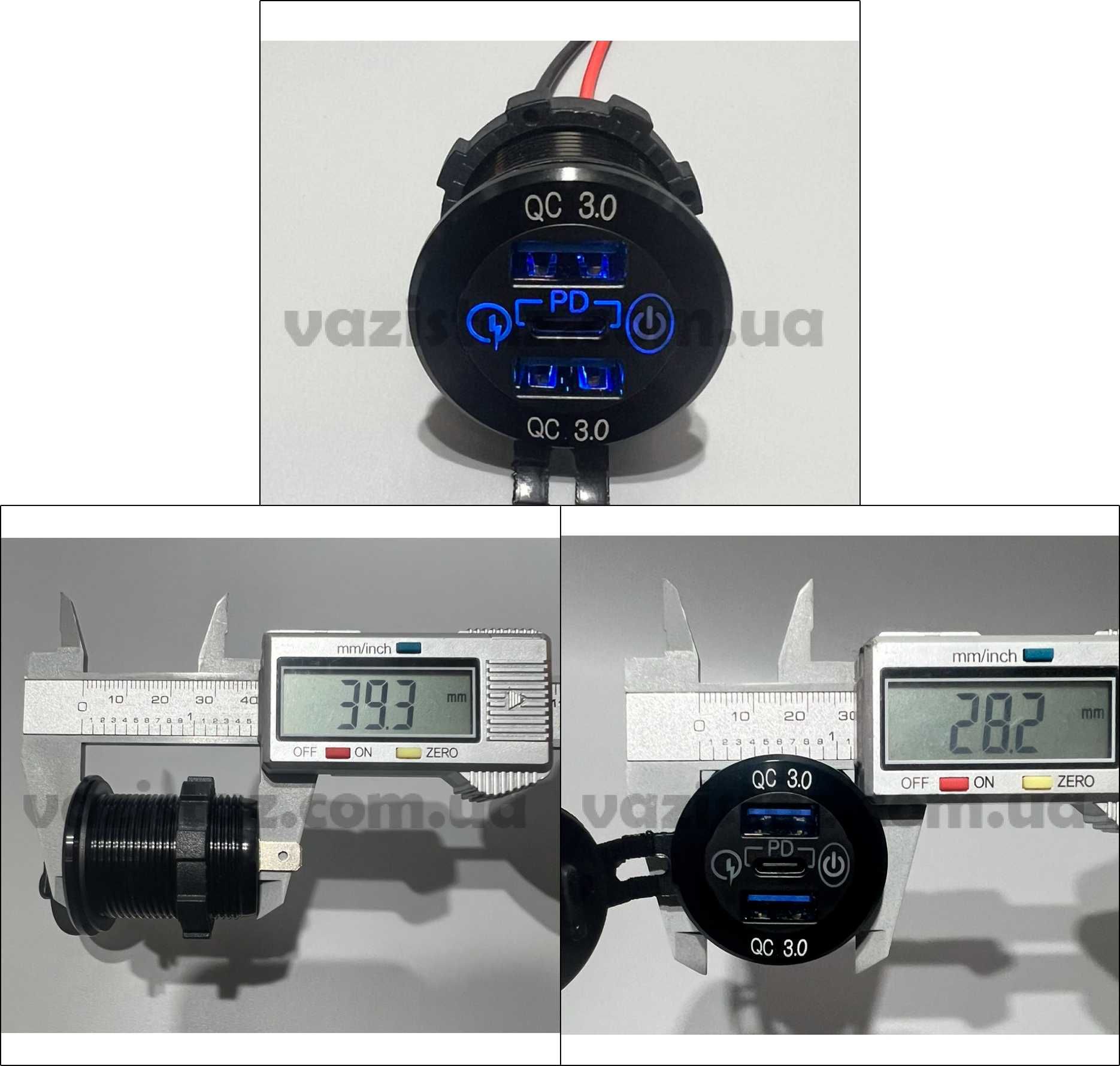 Врезная зарядка в авто на 2 USB + PD Type-C быстрая зарядка 60W металл