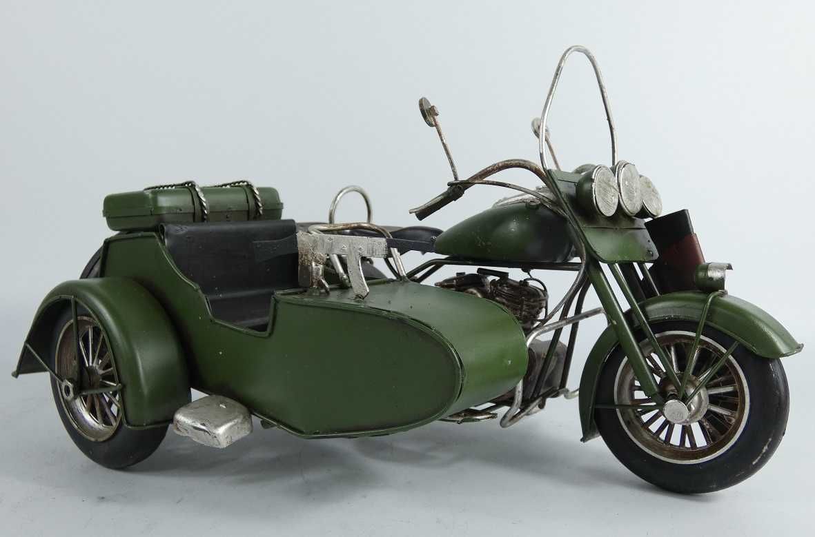 Wojskowy Metalowy MOTOCYKL z koszem zielony karabin RETRO pojazd motor