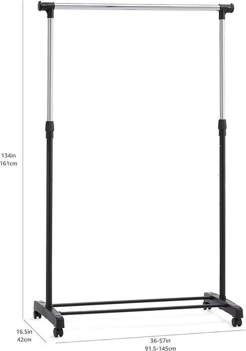 Amazon Basics Wieszak drążek na ubrania z kółkami 91,5-145x42x134-161
