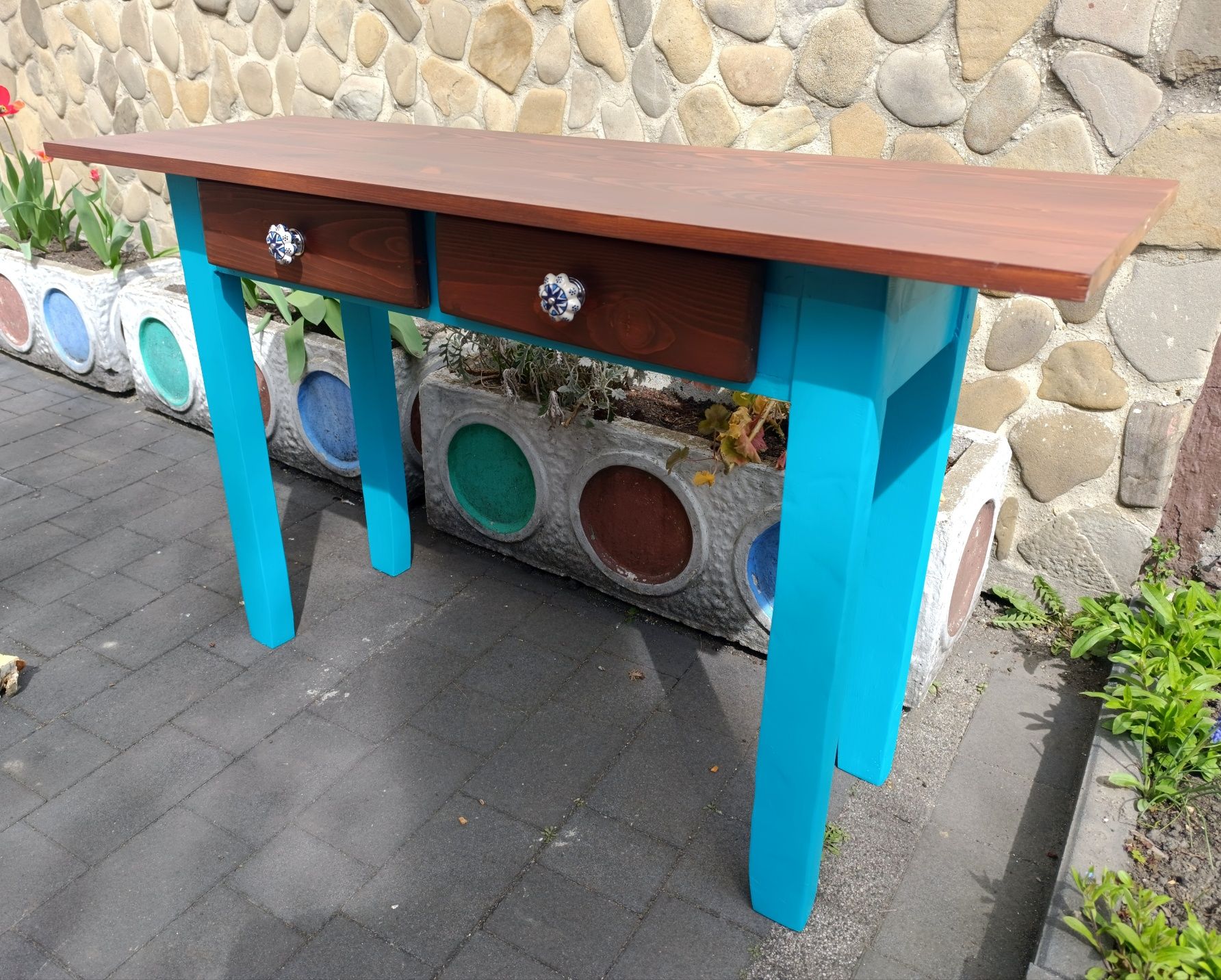 Konsolka, toaletka turkusowa drewniana odnowiona DIY