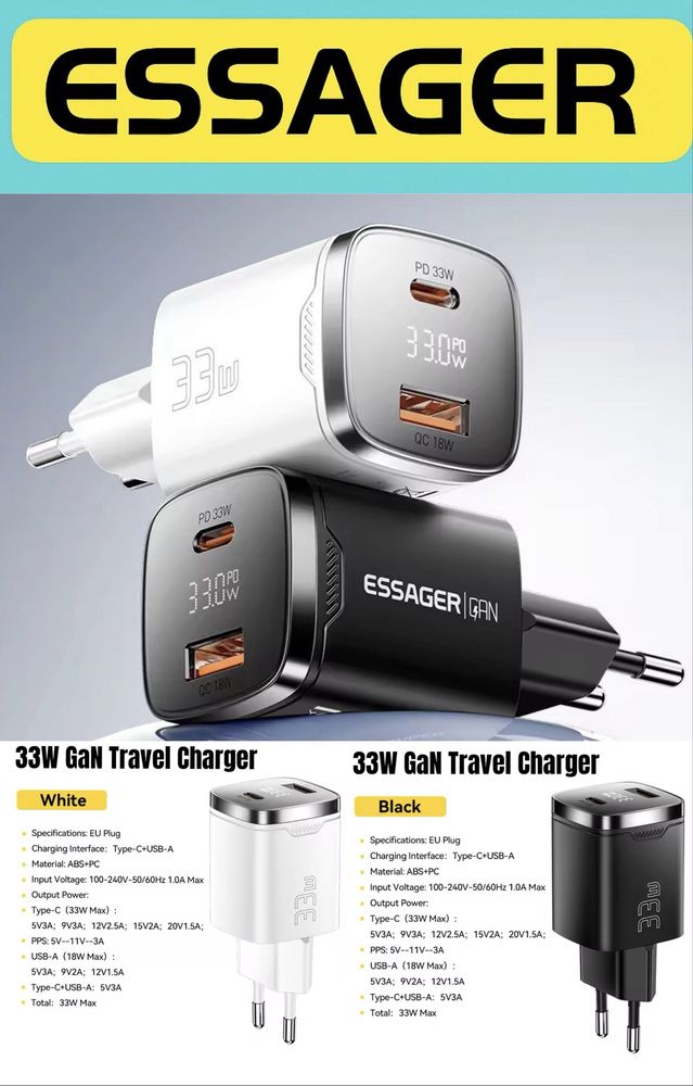 GAN 33w 65w 67w Швидка зарядка Essager Baseus Toocki Asometech PD QC