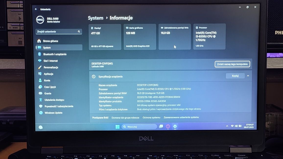 Laptop DELL Latitude 5490 14'/HD+/i5-8350U/16GB/512GB/WWAN 4G/LTE