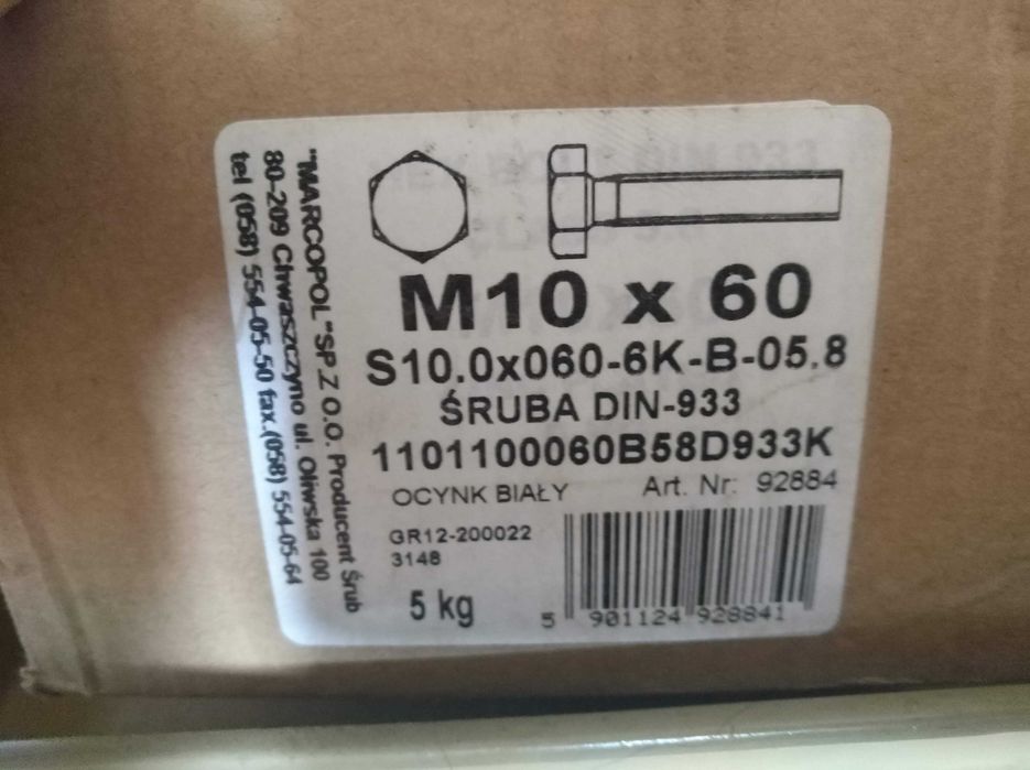 Śruba z łbem sześciokątnym M10x60 kl.5.8