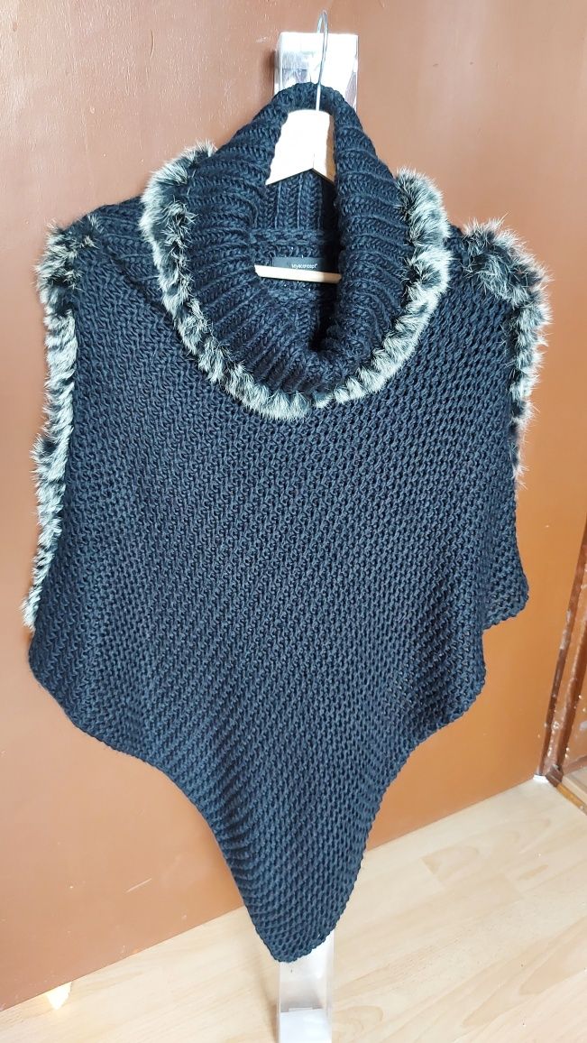 Ponczo, golf, sweter, czarny, naturalny królik, Soyaconcept