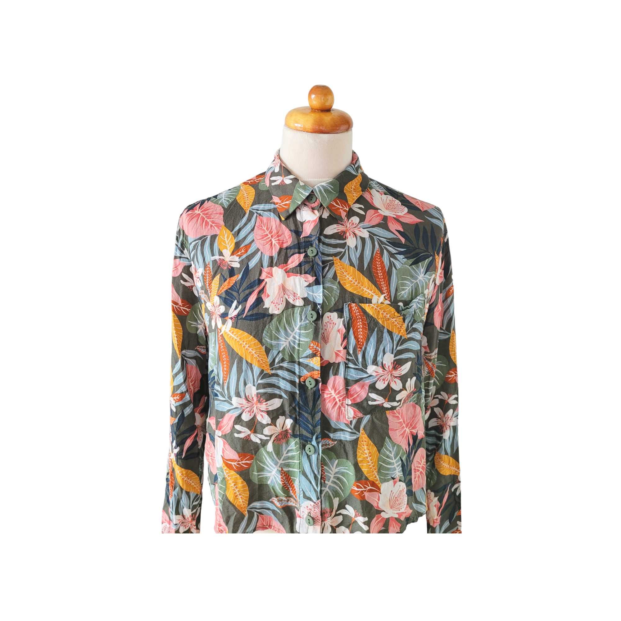 Kolorowa krótka koszula bluzka damska S Bershka w kwiaty liście boho
