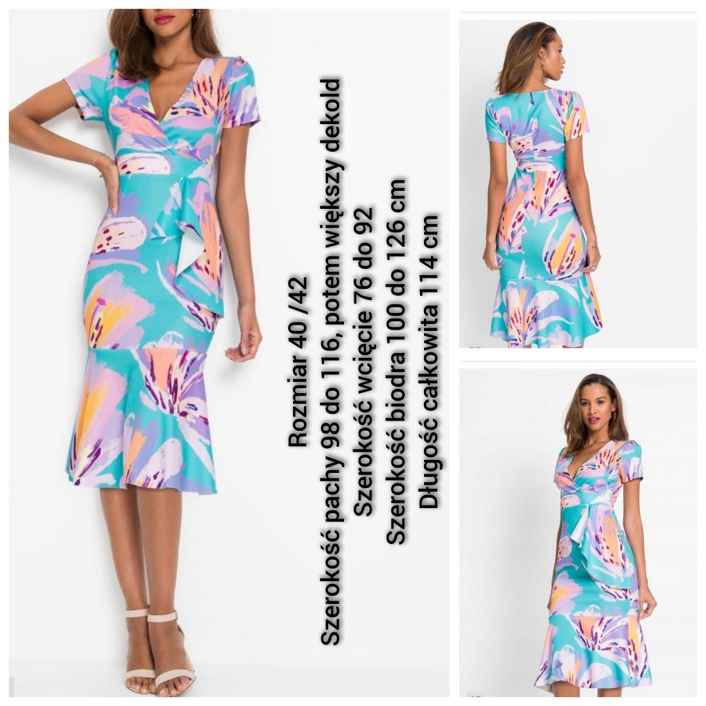 Kolorowa ołówkowa sukienka falbanka 40 42 xl l dopasowana elegancka