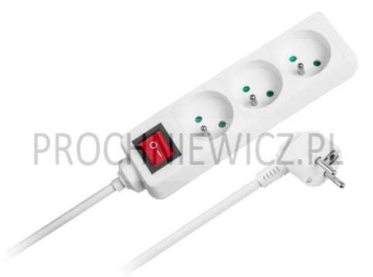 Przedłużacz biały Rebel 3 gniazda, kabel 3m (3x1,5mm) z przełącznikiem