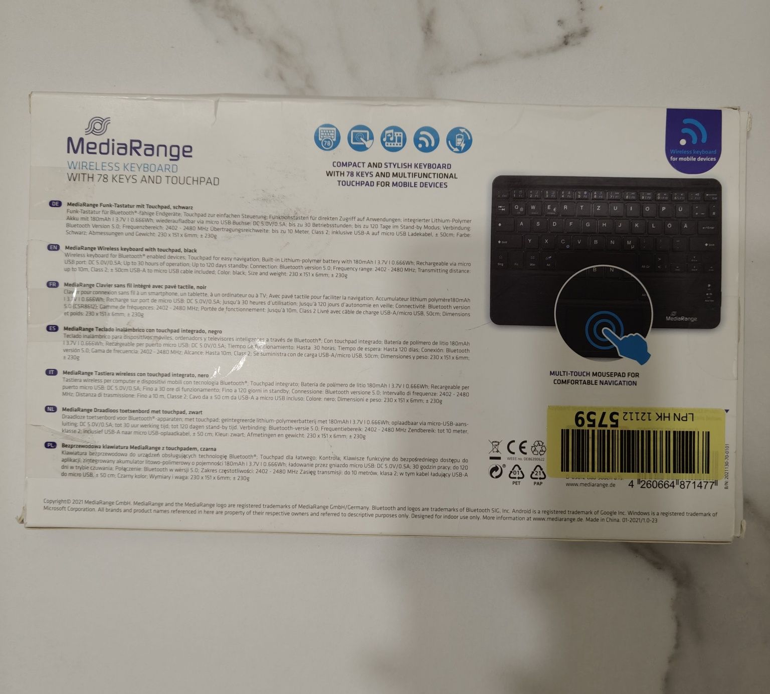 Klawiatura bezprzewodowa MediaRange Compact z 78 klawiszami i touchpad