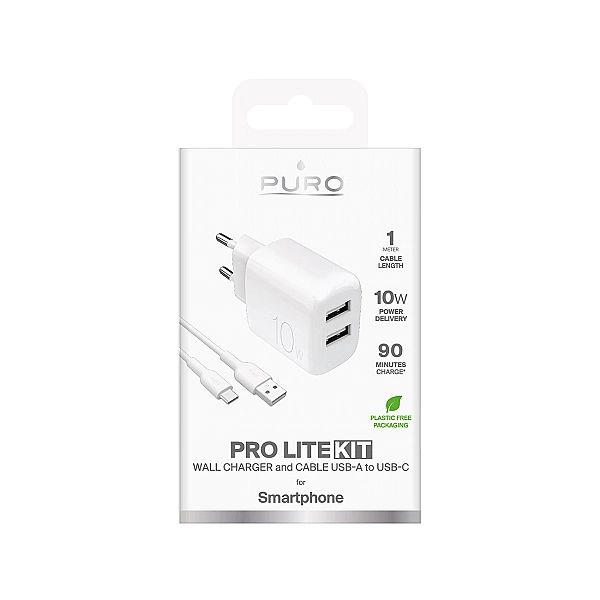 Ładowarka sieciowa Puro PROLITE 10W 2x USB-A + kabel USB-A - USB-C 1.2