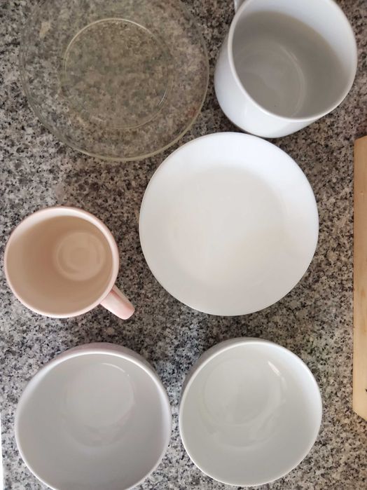 lote 10 peças louças: canecas, pratos sobremesa, tigelas