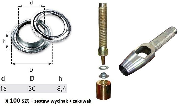 Oczka 100 szt do plandeki fi16 zakuwak + wycinak