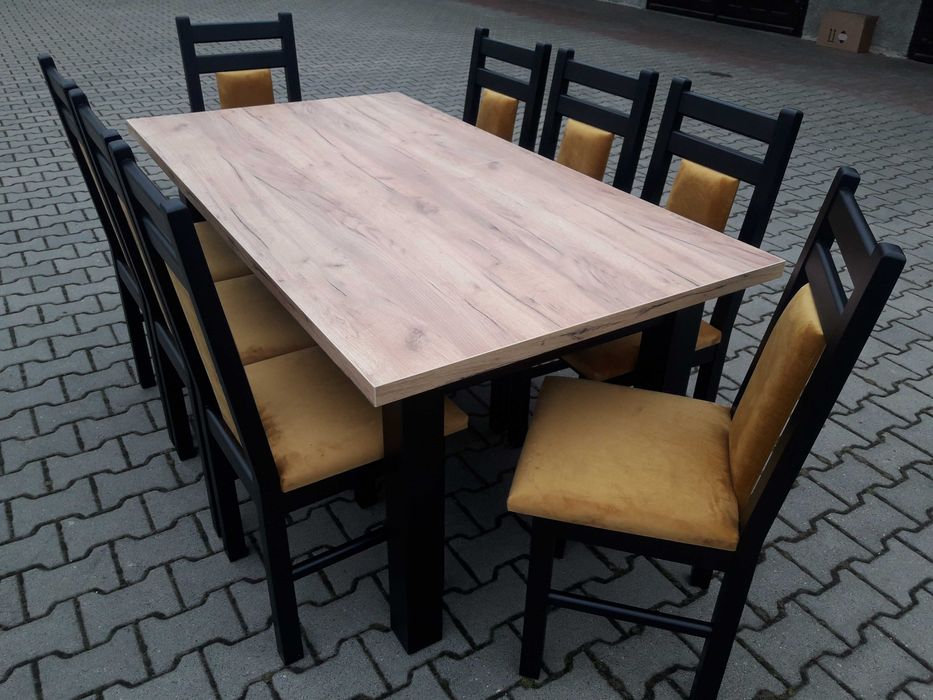 Stol 185/244x95 x76 i 8 krzesel czarny mat blat dab craft złoty lofl