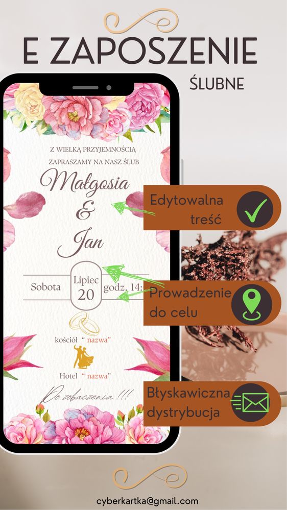 Elektroniczne zaproszenie ślubne styl FLOWER z mapowaniem a