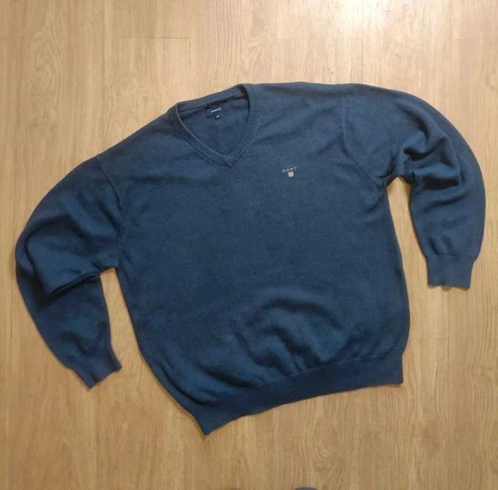 Gant premium cotton sweter męski granatowy w serek XXL