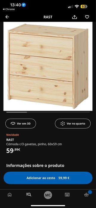 Comoda com 3 gavetas pinho 60 x 59 cm - 2 unidades