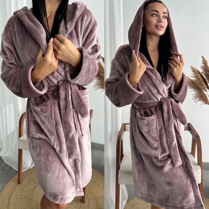 Женский махровый халат Теплый зимний с капюшоном/поясом 42-52 фреза