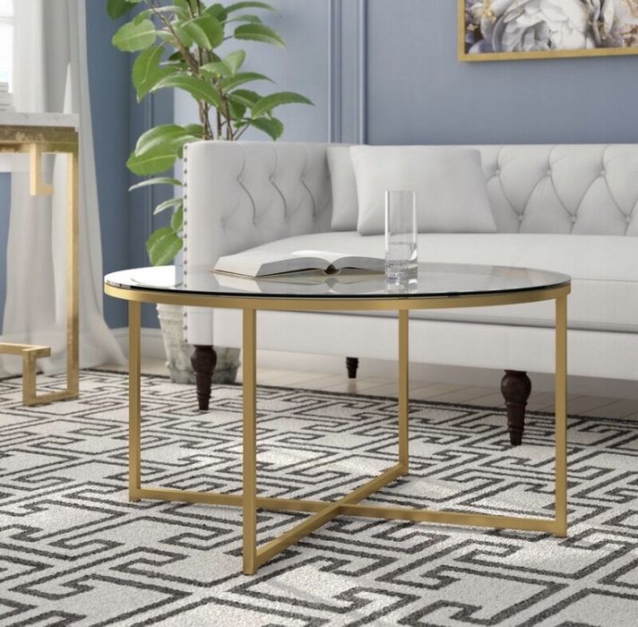 OKAZJA! Nowy okragły stól stolik kawowy złoty metal szkło niski 90 cm