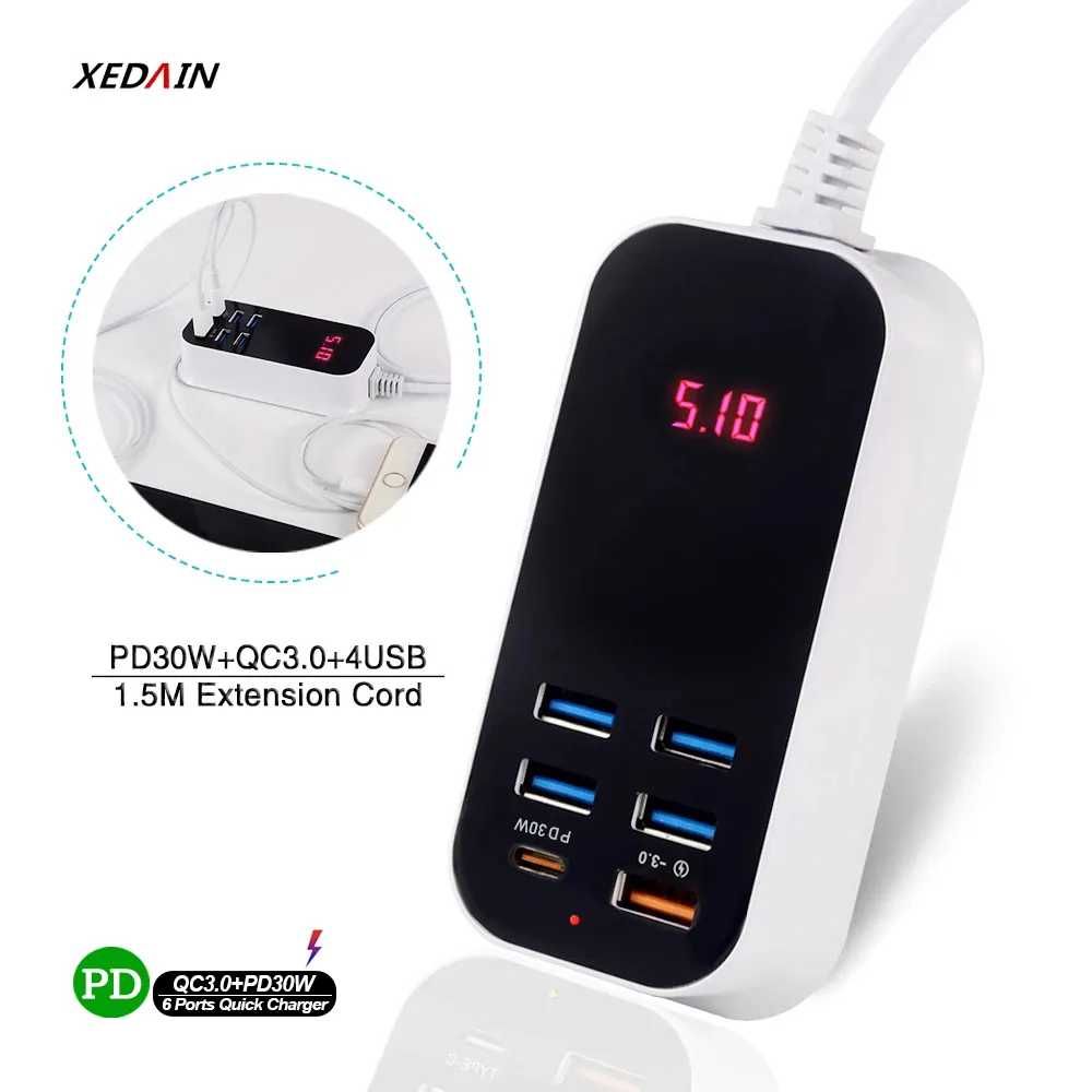 Зарядна станція 5 портів USB +QC3.0 PD3.0 з дисплеєм, Quick Charge