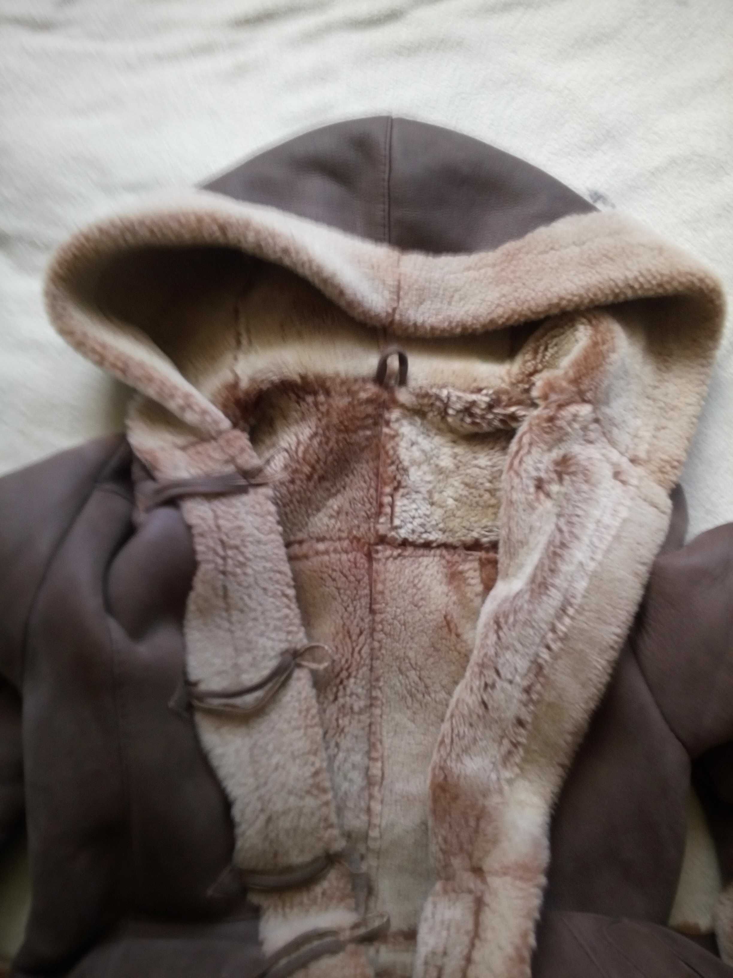 płaszcz zimowy długi kaptur L kożuch naturalny skóra futro
