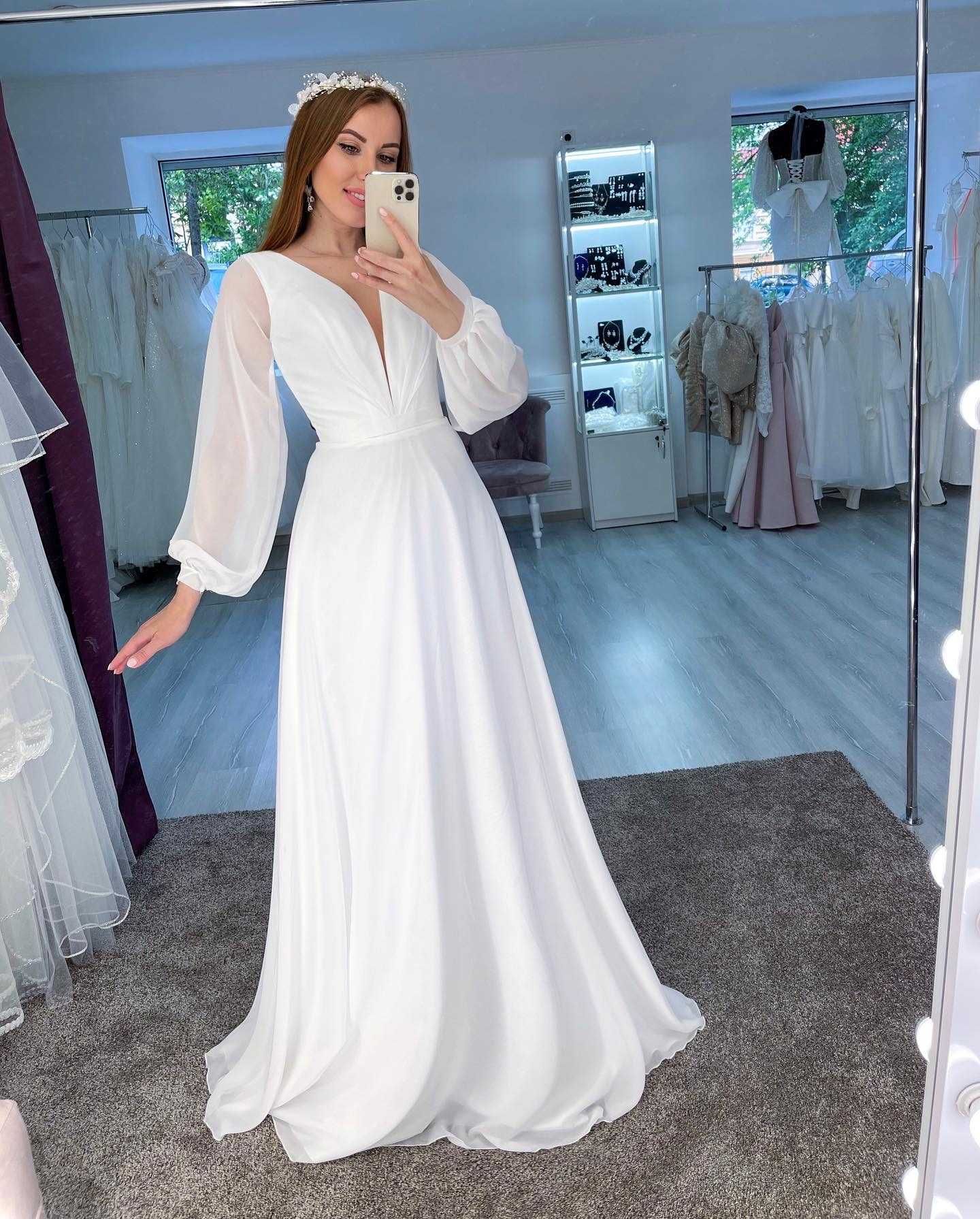 Весільна шифонова сукня. PLUS SIZE А-силует, бохо. Спинка на корсеті