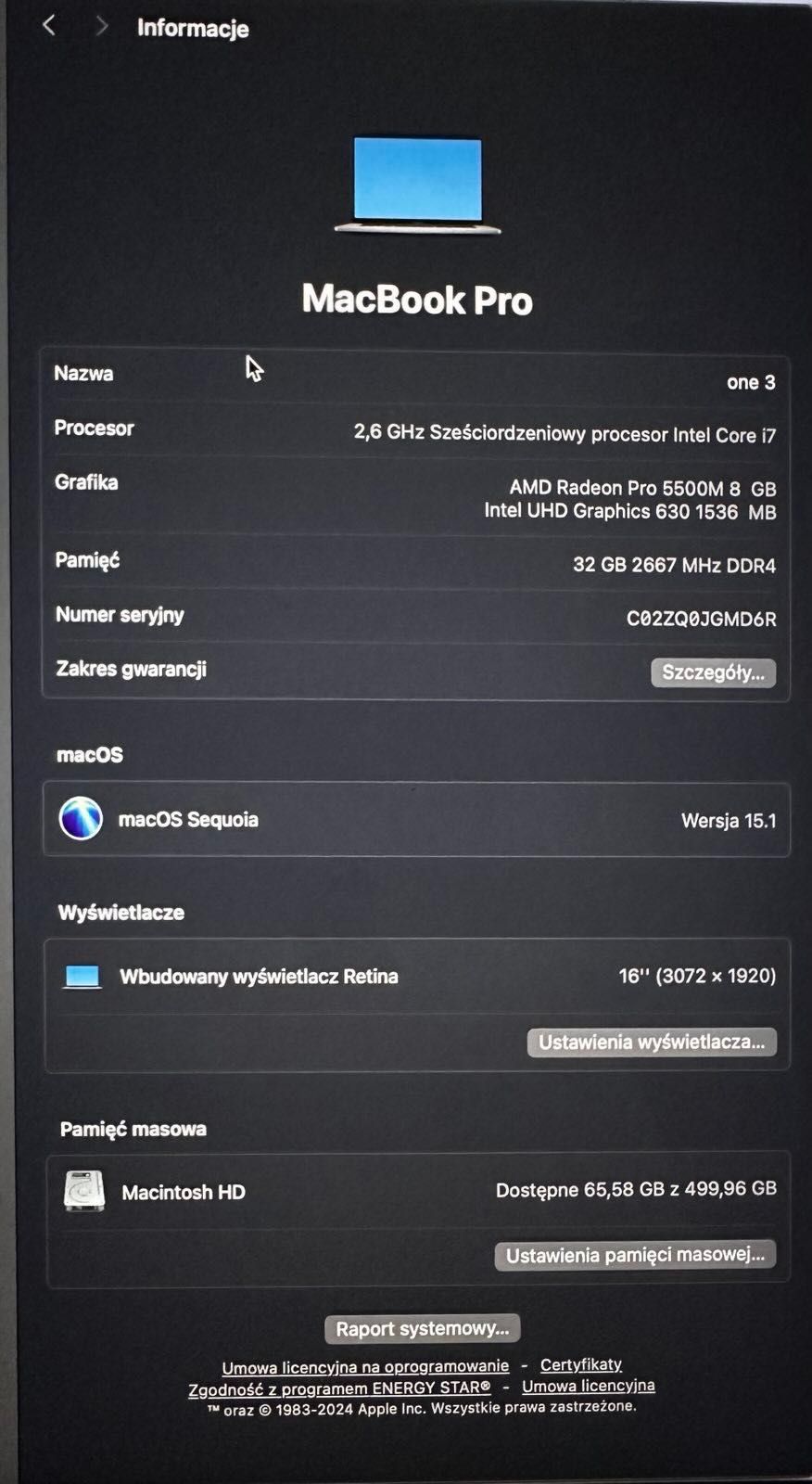 Apple MacBook Pro 16", 2019, Intel Core i7, 32GB RAM, 500GB