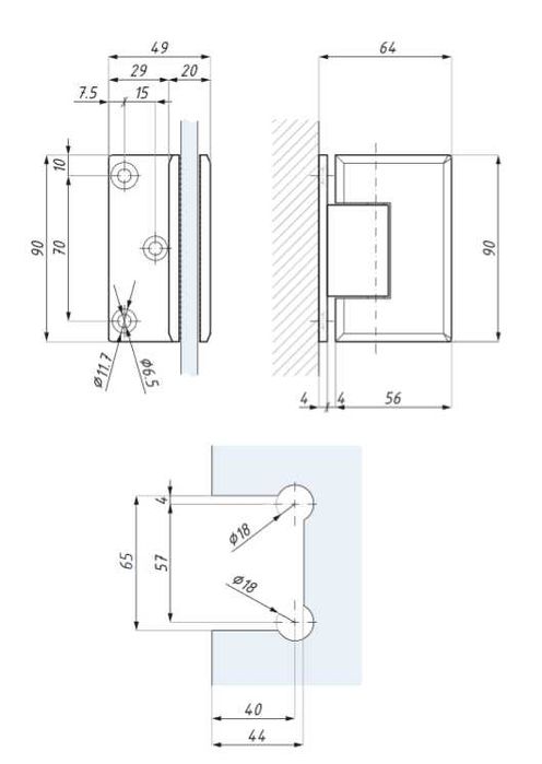Zawiasy do kabin prysznicowych: mocowanie boczne (szkło-ściana 90°)