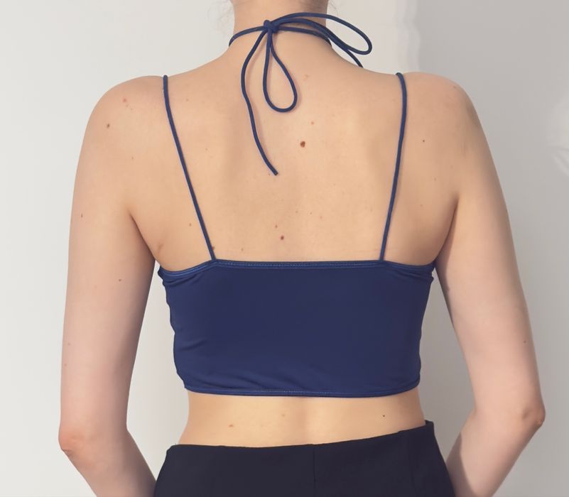 Granatowy crop top gorset wiązany na krzyz na szyji na haftki M mise B