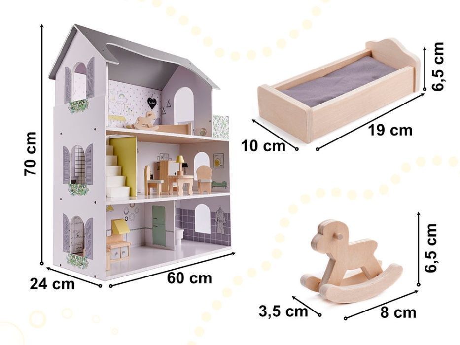 Piękny DOMEK dla LALEK Dzieci EKO DREWNIANY Willa z Meblami 70CM LED