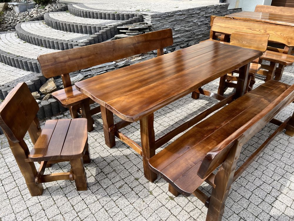 Zestaw mebli 200 cm ogrodowych drewno lite stół ławki