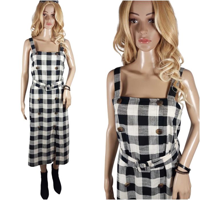 Nowa czarna ecru długa sukienka wzór w kratkę 40,L Primark bawełna