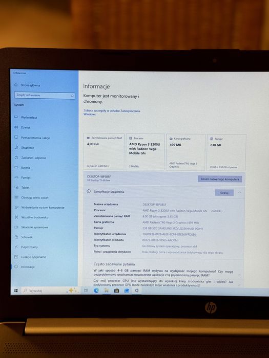 Laptop HP 15-db005nw, 15,6”, sprawny, biurowy