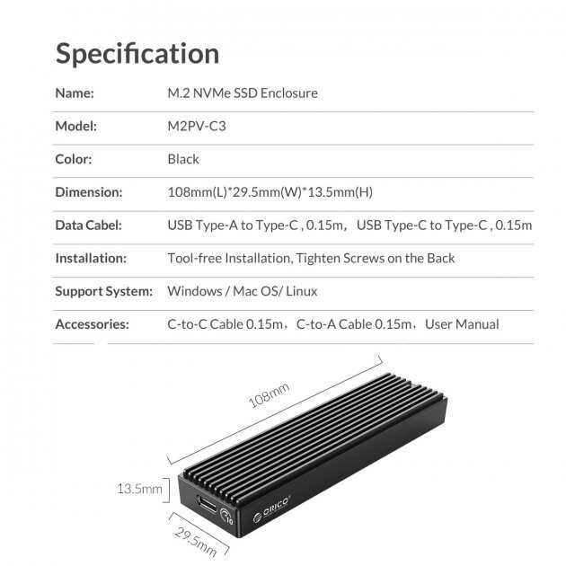 Внешний карман Orico M2PV-C3 для M.2 SSD NVMe USB 3.1 Type-C адаптер