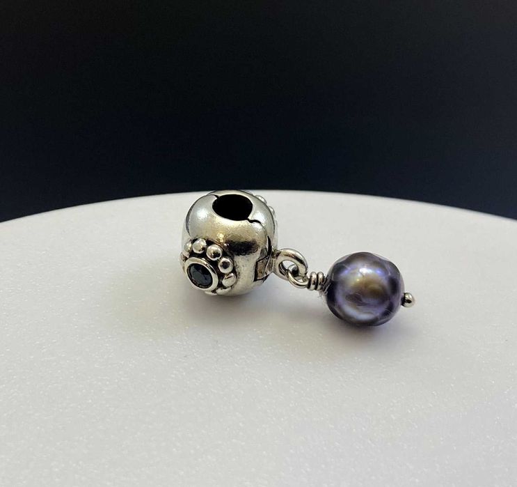Rzadka Oryginalna zapinka Pandora 790873PSG z czarną perłą naturalną