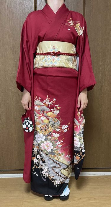Japońskie kimono furisode + pas obi + sznur obijime + torebka