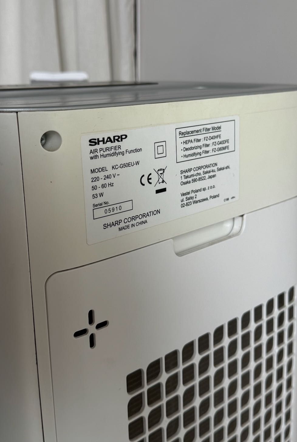 SHARP KC-G50EUW oczyszczacz powietrza z nawilżaniem