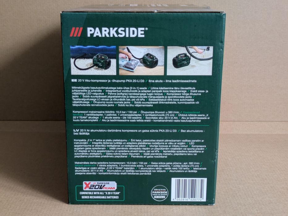 Parkside akumulatorowa sprężarka i pompka, 20V, PKA 20-Li D3