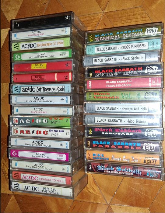 143 szt kaset z hard rockiem Black Sabbath , AC/DC, Led Zeppelin