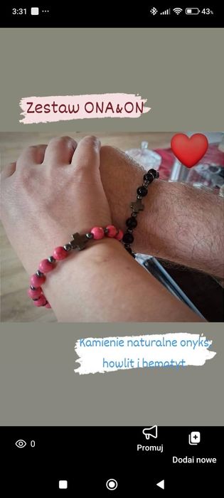 Naszyjnik męski z kamieni naturalnych onyks i hematyt rękodzieło