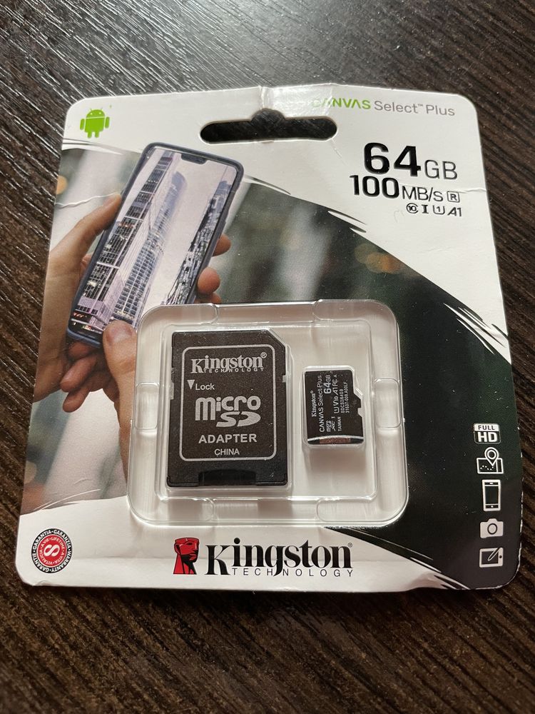 Карта памяті Kingston 64GB 10 class micro  +SD adapter