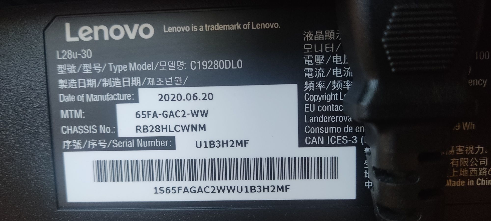 Monitor Lenovo L28-U30 28 cali 4K IPSt