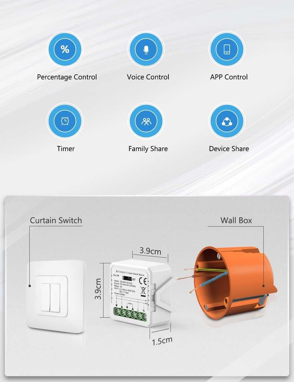 Inteligentny przełącznik sterownik rolet puszk. ETERSKY QS-WiFi-ECC02