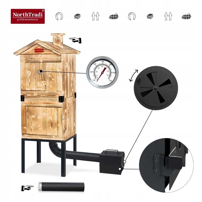 XXL Duża Wędzarnia Ogrodowa Drewniana Wędzok Palenisko Haki Rury