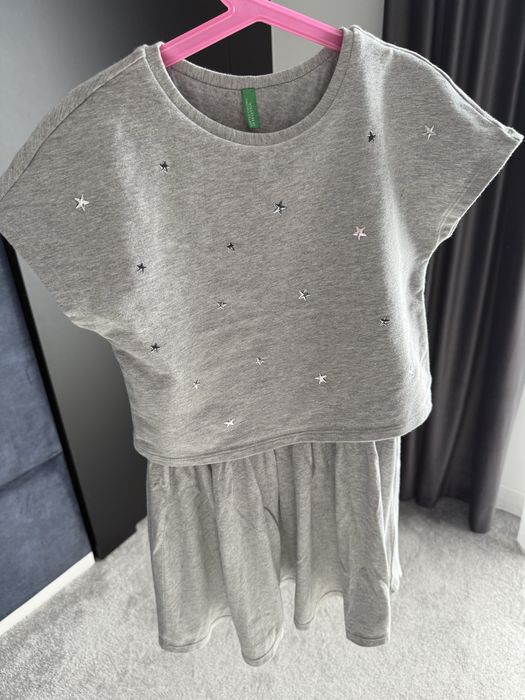 Benetton dresowa bawełniana sukienka szara śliczna 134 cm 8-9 l Nowa