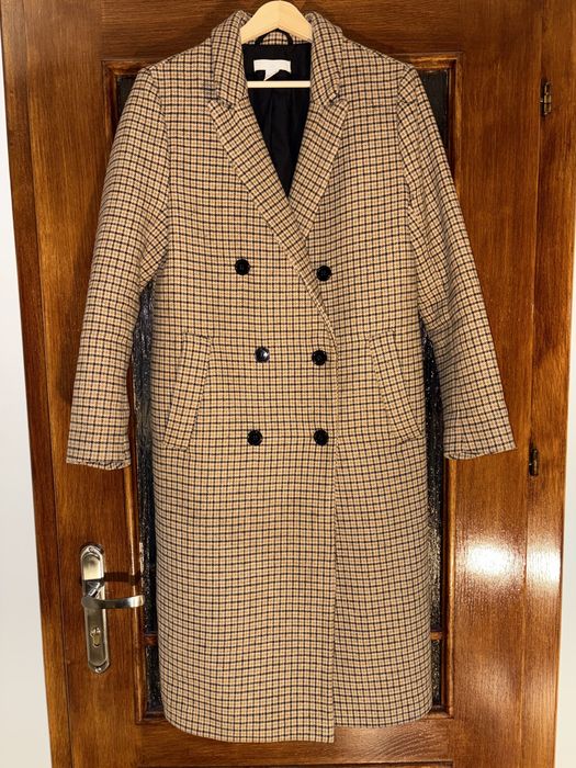 Długi dwurzędowy płaszcz w kratkę H&M