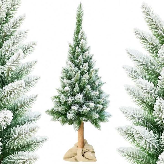 Sztuczna choinka na pniu nowa ośnieżona 180 cm podstawa z juta